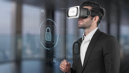 A professional businessman wearing a virtual reality headset explores an advanced digital security interface, representing innovation in technology and futuristic business environments. Raster