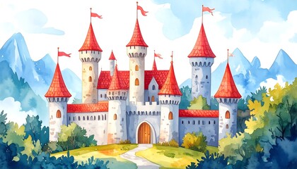 Watercolor castle illustration with mountains
