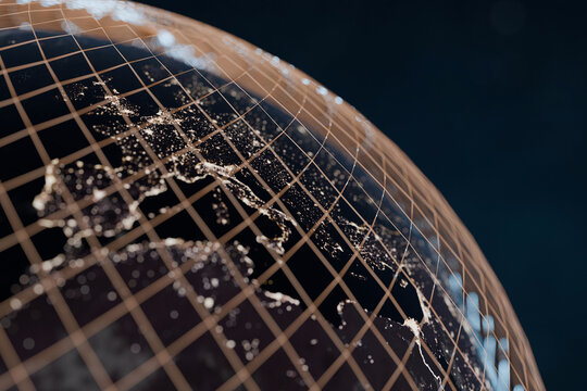 Glowing Earth with illuminated cities at night covered by a golden digital grid lines, symbolizing global networks, technology, connectivity, and modern digital communication. Business and finance