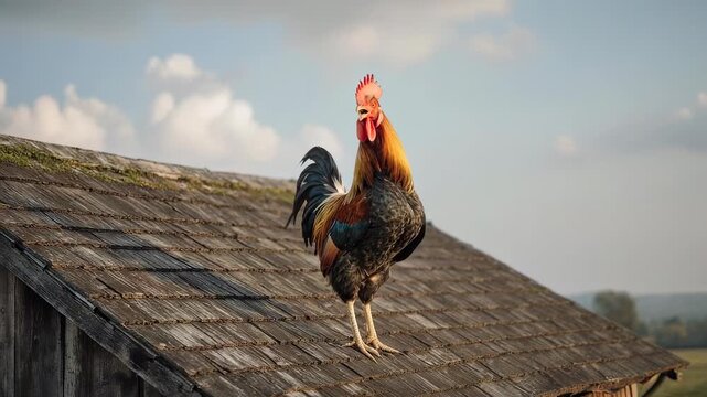 A vibrant rooster stands proudly atop a rustic barn roof, illuminated by natural light, as it crows to announce the new day