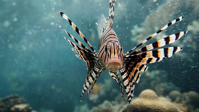 A striking lionfish swims gracefully in the deep ocean. This magnificent creature showcases its elaborate fins and unique stripes