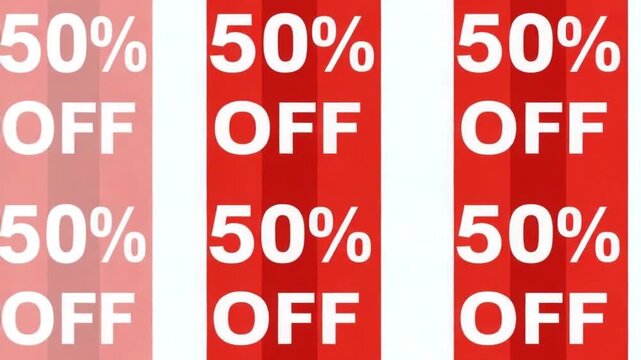 A repetitive pattern of red and white sale signs displaying fifty percent off promotion banners