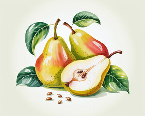 Watercolor Illustration of Ripe Pears with Green Leaves and Seeds