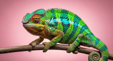 Obraz premium Vibrant Chameleon Reptile Perched on a Branch Against a Soft Pink Background