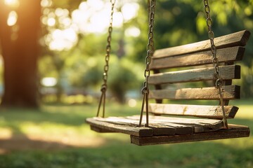 Rustic Wooden Swing Hanging in Sun-Dappled Park with Bokeh Background