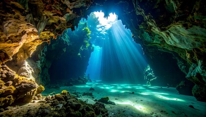 Obraz premium Sunlight streams through an underwater cave, illuminating a serene underwater landscape of rock formations and shallow water.