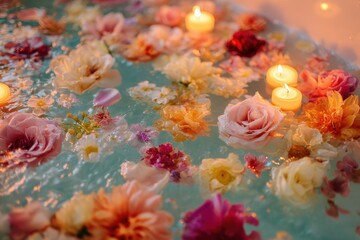Serene Bath: Floating Flowers, Candles, and Teal Water