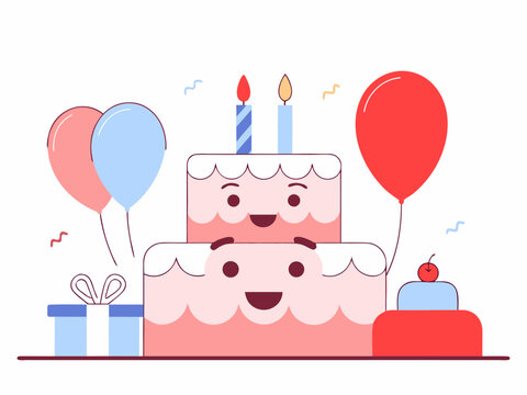 Cute kawaii birthday design with cartoon cake smiling faces and pastel balloons - Powered by Adobe