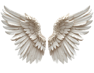 Pair of large, detailed white angel wings against a black background