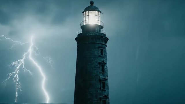 Lighthouse in a thunderstorm, dramatic coastal scene