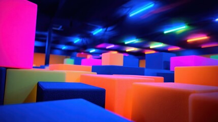 Vibrant indoor trampoline park with colorful foam blocks and neon lights creating a lively atmosphere