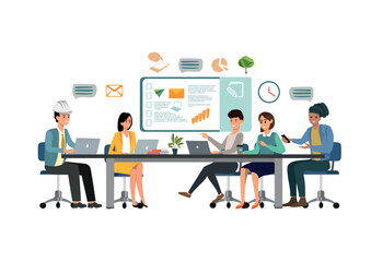 Flat vector illustration of diverse office team working together on a project