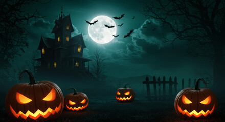 Spooky Halloween night, carved pumpkins glowing, haunted house in the background, full moon, bats flying, dark forest, fantasy horror style