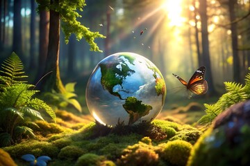 A globe rests in a lush forest with sunlight and a butterfly