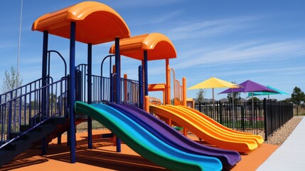 Colorful playground slides under a clear blue sky, inviting children to play in a vibrant outdoor park
