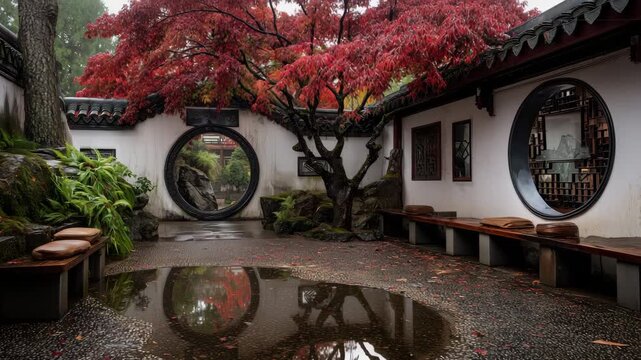 丸窓越しの雨に濡れる静かな中庭の風景