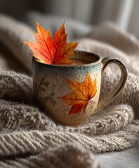 Autumn coffee cup with maple leaf on cozy blanket in soft warm indoor light