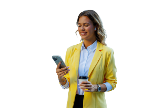 Professional woman in yellow blazer smiling, using smartphone with earbud, holding coffee cup, transparent background - Powered by Adobe