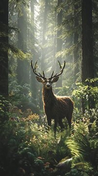 Majestic stag with large antlers in a sunlit enchanted forest