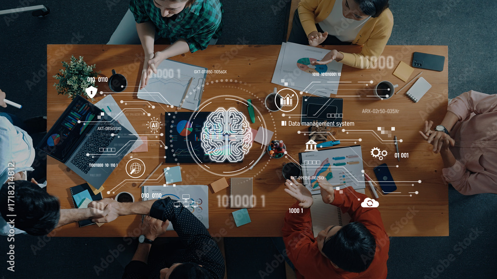 Poster aerial view of a diverse team engaged in a business meeting, analyzing data visualizations and colla