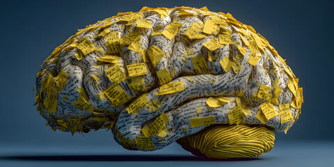 Human brain covered with yellow sticky notes symbolizing memory overload or task reminder concept on blue background. 3D Rendering. 3D Rendering
