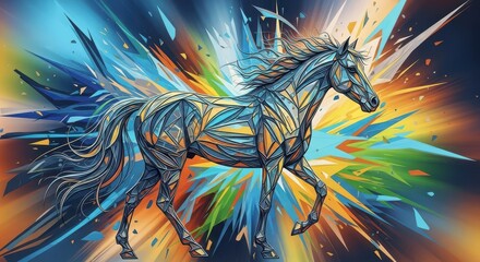 Fototapeta premium A Powerful Mechanical Horse Galloping Through A Colorful Cosmic Explosion