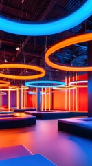 Vibrant modern lounge with circular neon lights and colorful ambiance, perfect for social gatherings