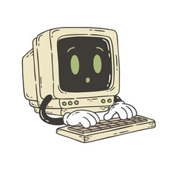 Retro Doodle Cartoon of Computer Character Typing on Keyboard