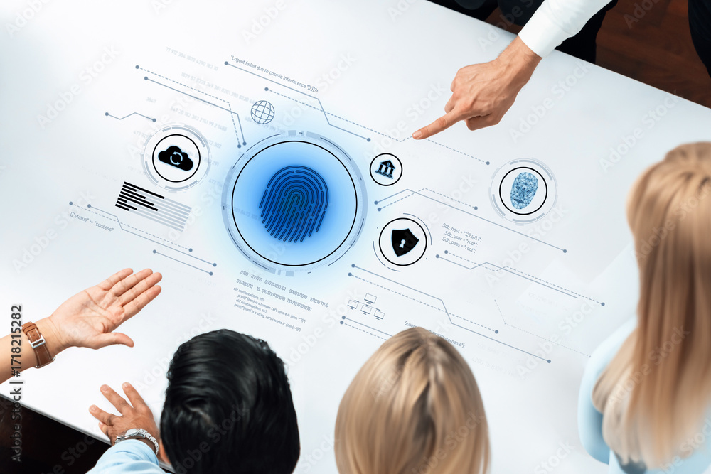 Poster a group of diverse professionals collaborates over a digital interface showcasing security and biome