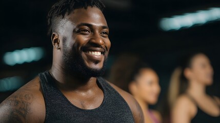 Fototapeta premium A fit Black man with dreadlocks smiles broadly sweating during a gym workout with others blurred in the background