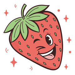 Cheerful strawberry cartoon character with winking eye
