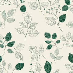 Elegant Seamless Botanical Pattern with Hand-Drawn Ink Leaves and Lush Green Accents.