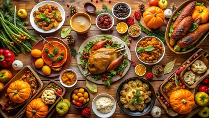 Fototapeta premium Abundant thanksgiving dinner spread on wooden table