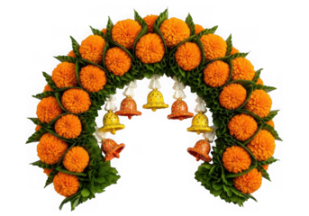 Vibrant marigold flower garland with decorative bells festive archway decoration isolated on transparent background