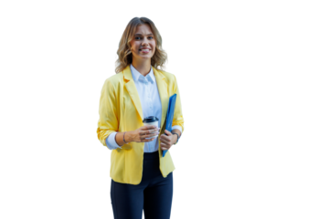 Young businesswoman smiling holding coffee and folder, representing success and professionalism on transparent background