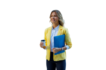 Young businesswoman with a yellow blazer and folder holding a coffee cup, standing and smiling, depicting professionalism. Transparent background