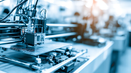 Close-up of a 3D printer in operation, showcasing mechanical components and printing process in a laboratory setting.