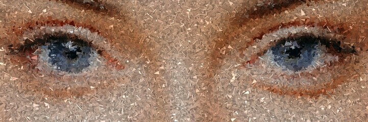 Human eyes made of fragments in vivid mosaic triangular artwork, abstract vibrant geometric design with colorful textures