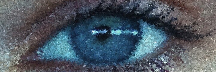 Abstract triangular mosaic artwork showing human eye made of fragments, vivid colorful textures in vibrant geometric design