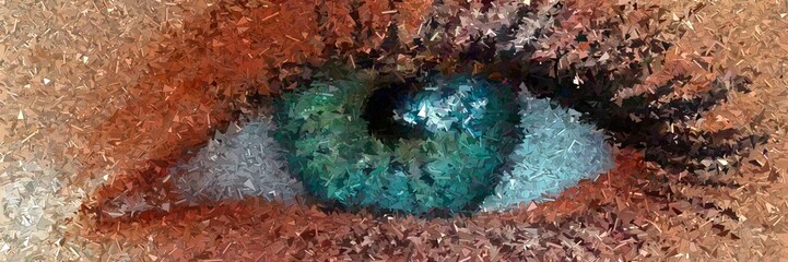 Vivid abstract mosaic artwork with triangular textures forming human eye made of fragments, colorful vibrant geometric pattern