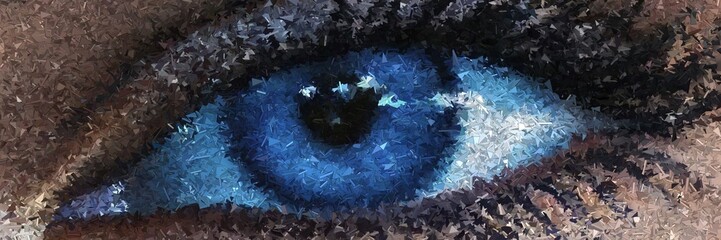 Human eye made of fragments crafted in vivid colorful mosaic, abstract triangular geometric artwork with vibrant patterns