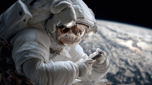 astronaut using phone space earth