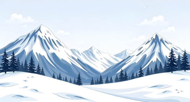 winter mountain cartoon background, snowy landscape, winter scene, mountain illustration, cold season, snow hills, cartoon nature, frozen forest, icy peaks, holiday background, winter sky, frosty weat