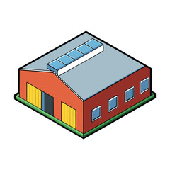 A detailed isometric warehouse building, showcasing stacked shelves, loading docks, and industrial design from a 3D angled perspective.
