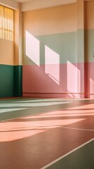 Brightly lit indoor sports hall with colorful walls and shadows creating a dynamic atmosphere