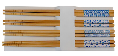 Traditional Japanese Wooden Chopsticks Set with Blue and White Decorative Patterns on transparent Background, png