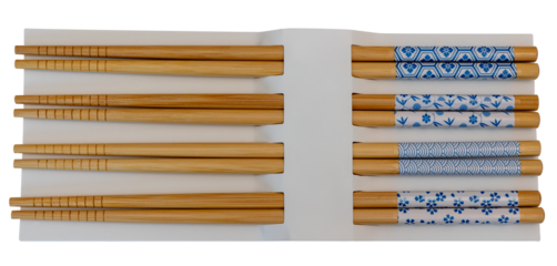 Traditional Japanese Wooden Chopsticks Set with Blue and White Decorative Patterns on transparent Background, png