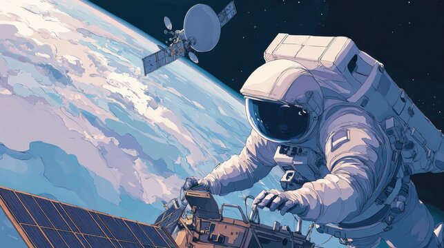 astronaut repairing satellite orbiting earth