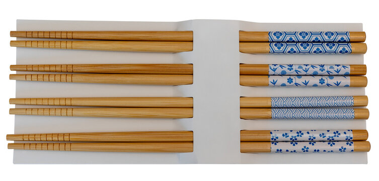 Traditional Japanese Wooden Chopsticks Set with Blue and White Decorative Patterns on transparent Background, png