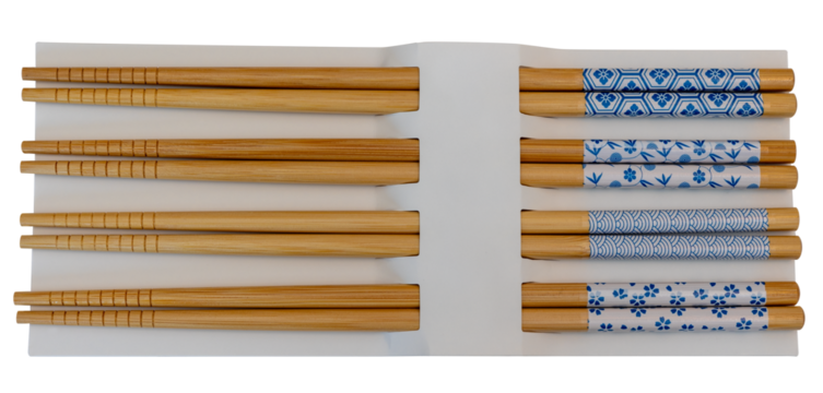 Traditional Japanese Wooden Chopsticks Set with Blue and White Decorative Patterns on transparent Background, png